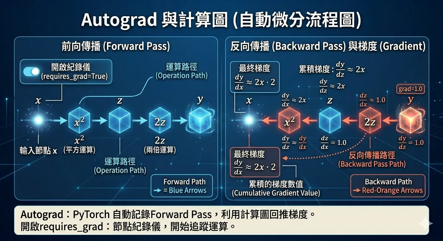 Autograd 計算圖:反向傳播梯度示意