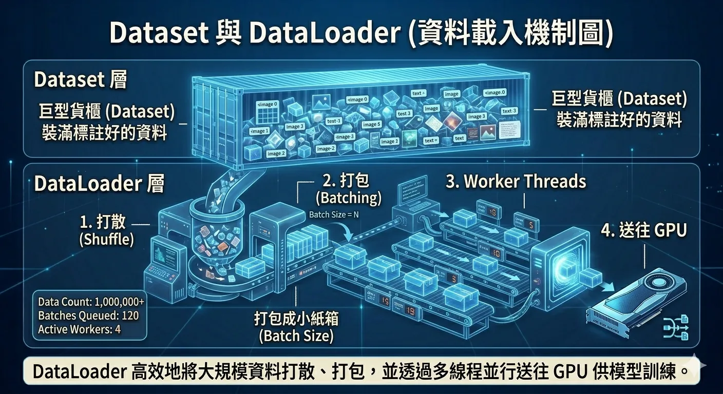 Dataset 與 DataLoader 批次載入機制示意圖