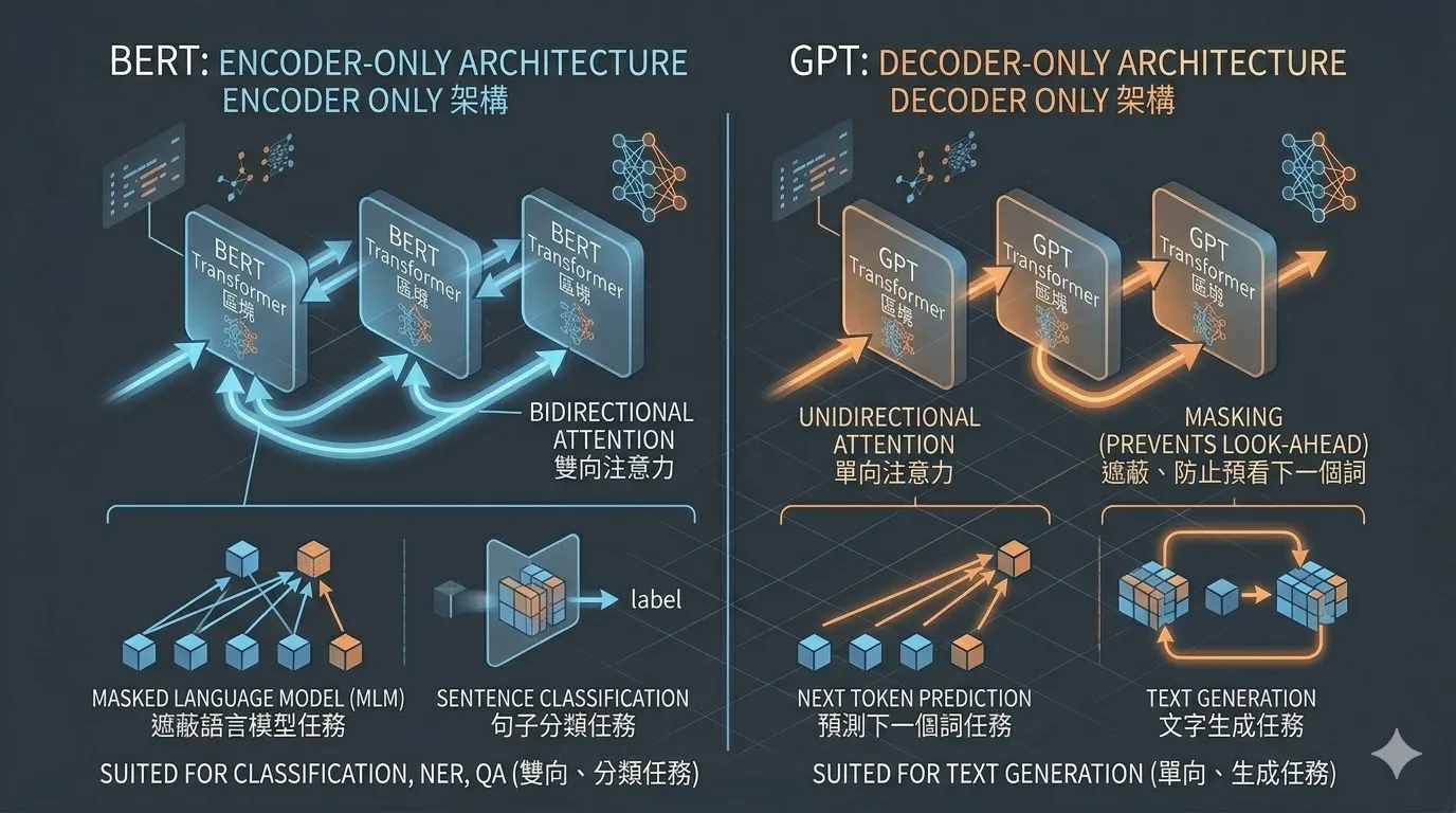 BERT vs GPT 架構對比圖